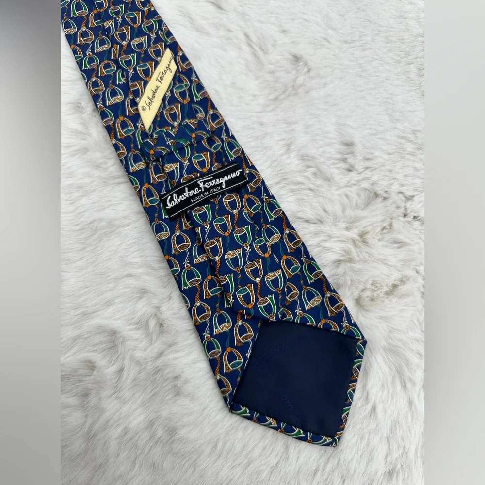 Salvatore Ferragamo Equestrian Silk Tie‎ Navy Green Orange | Made in Italy